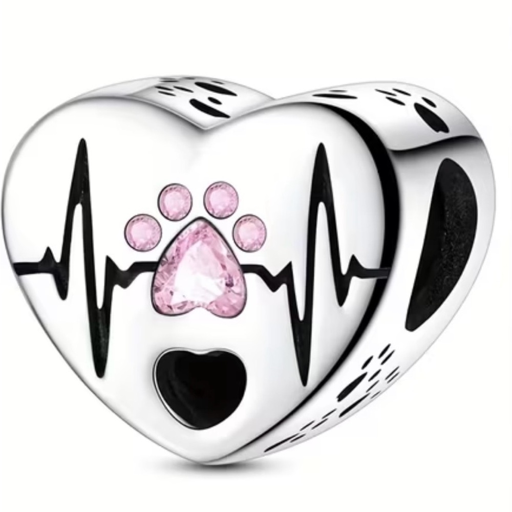 Heartbeat Paw Print Charm - Pink and Silver
